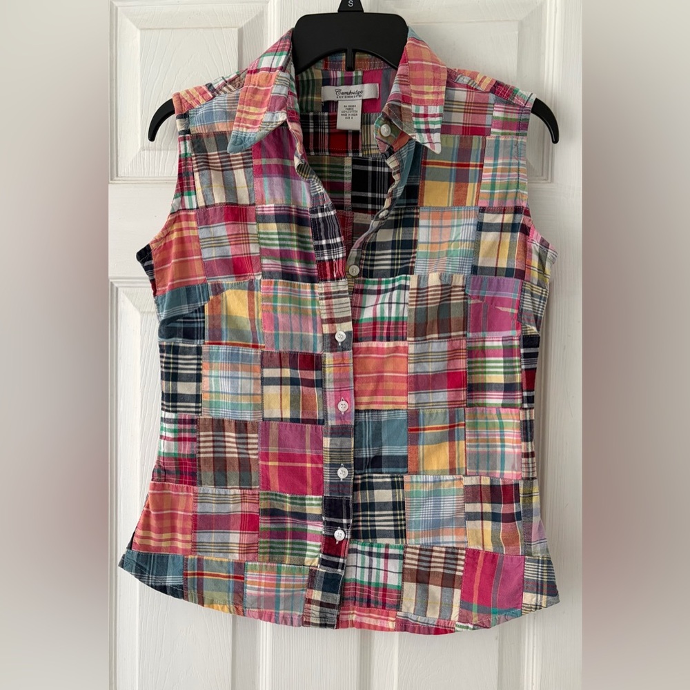 Cambridge Dry Goods Pink and Multicolor Patchwork Plaid Sleeveless Shirt